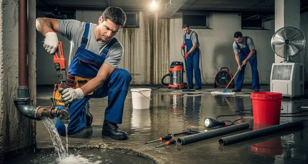 Burst pipe being repaired by plumber with wrench and water damage cleanup in progress