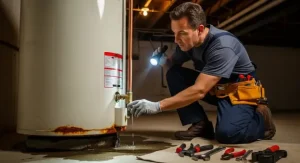 Leaking water heater at bottom being inspected by a professional plumber