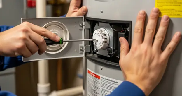 adjusting electric water heater temperature with screwdriver and thermostat panel open