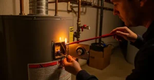relighting a gas water heater pilot light with screwdriver and long lighter