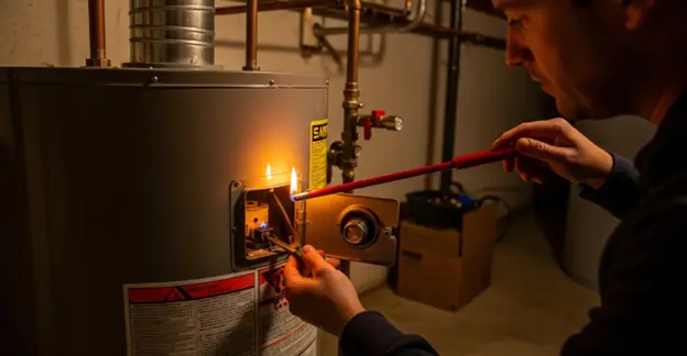 relighting a gas water heater pilot light with screwdriver and long lighter
