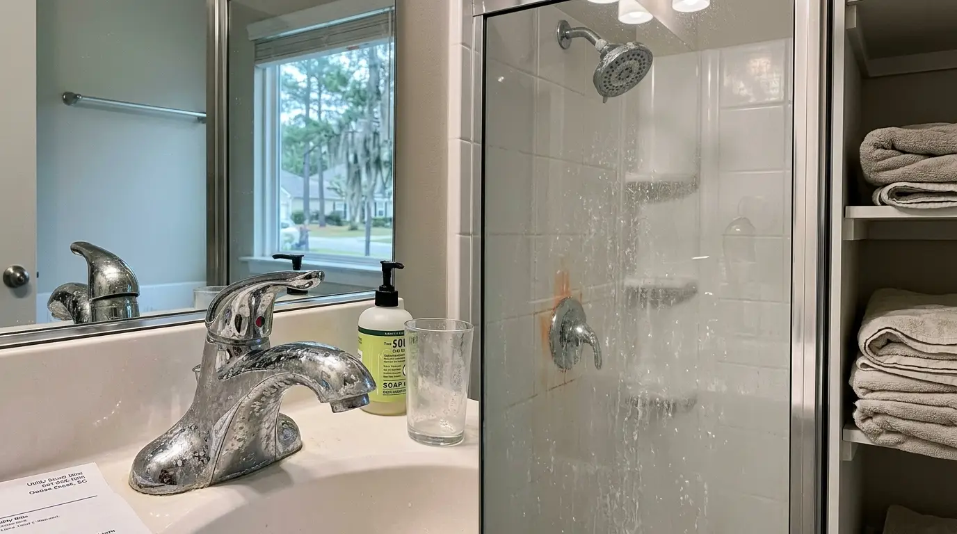 Signs of hard water in Goose Creek showing white stains on faucets, soap scum buildup, and cloudy dishes in kitchen and bathroom