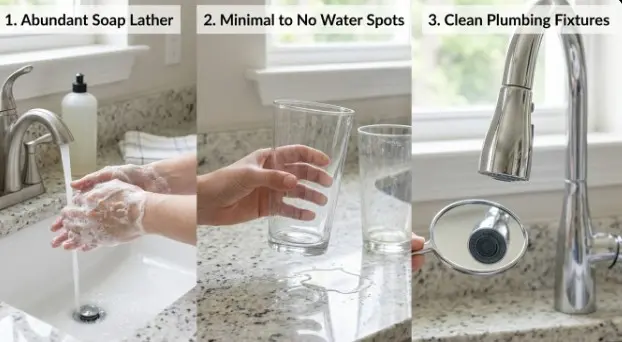 How to tell if water softener is working by checking soap lather, water spots, and clean plumbing fixtures in a residential home system