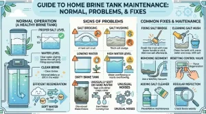 Water softener salt tank with visible water level at bottom, showing normal brine tank operation and salt dissolving inside a home plumbing system.