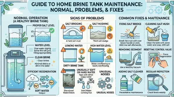 Water softener salt tank with visible water level at bottom, showing normal brine tank operation and salt dissolving inside a home plumbing system.