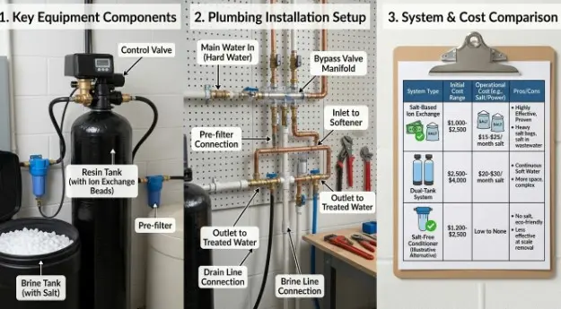 Water softener system installation in a home showing equipment, plumbing setup, and cost comparison for different system types and prices