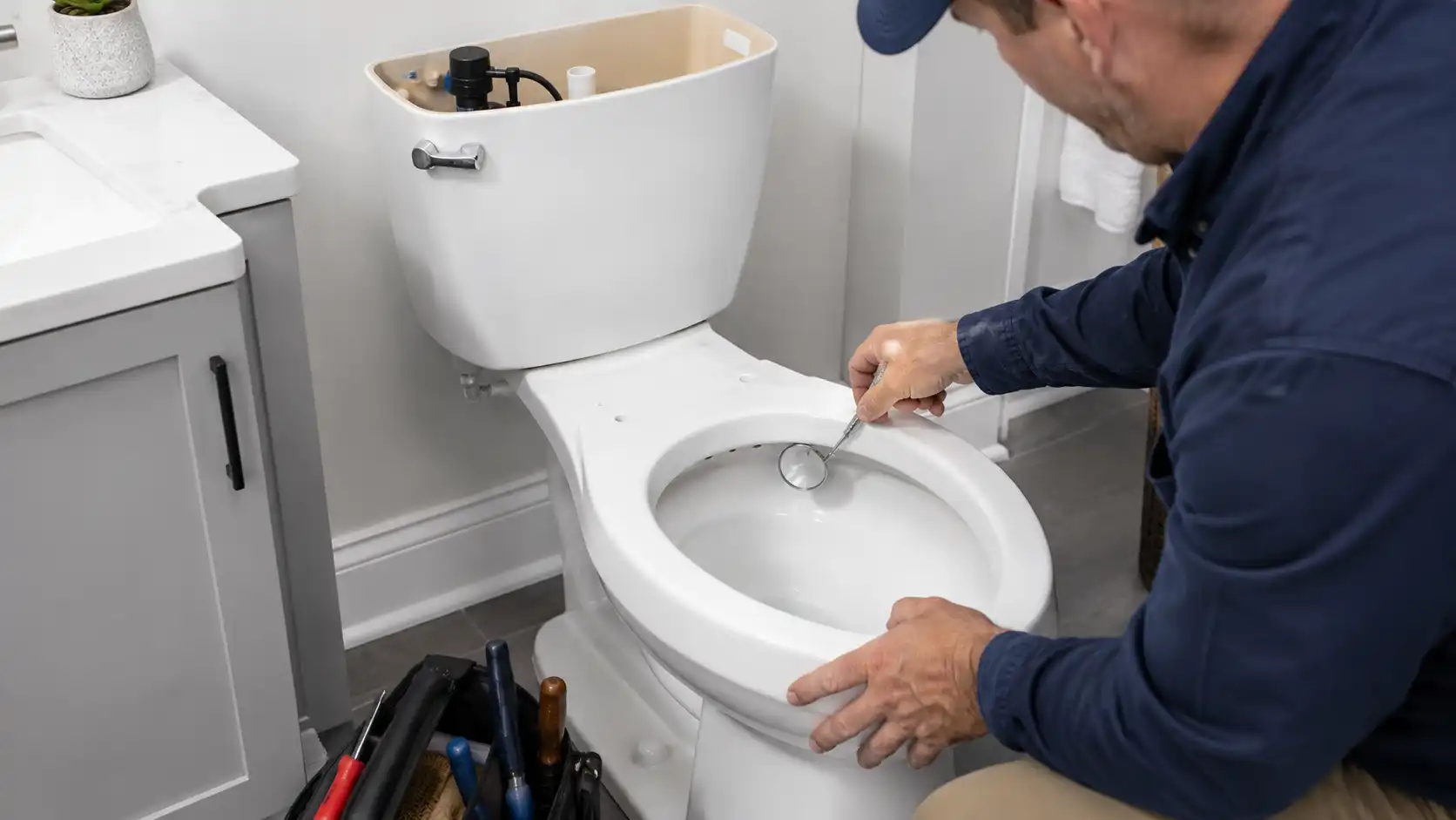 Hand holding an inspection mirror and wire tool under the rim of a toilet bowl to clean clogged rim jets.