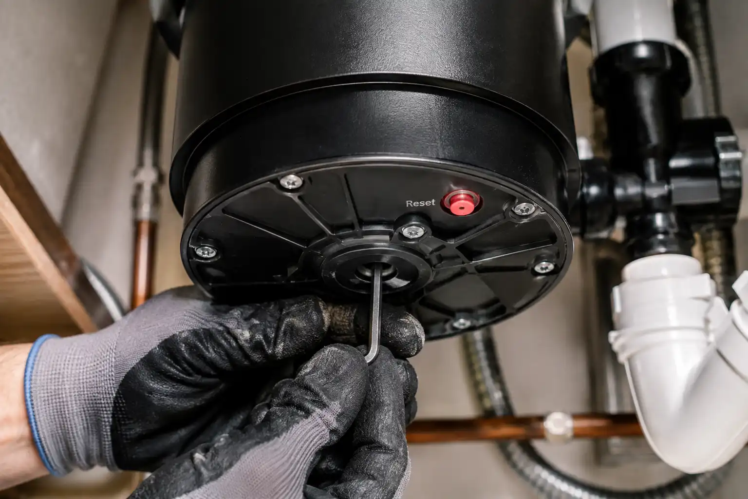 Plumber inserting a hex wrench into the bottom of a garbage disposal unit under a kitchen sink to unjam the motor.
