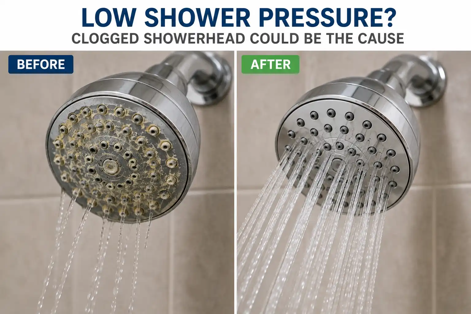 Unscrewed chrome showerhead being inspected for white mineral scale and sediment blockages.