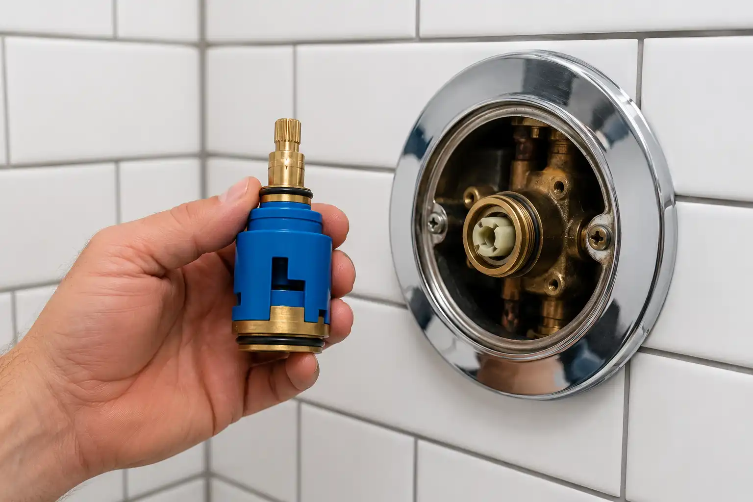 New brass and plastic shower valve cartridge held next to an open shower trim plate and valve body.