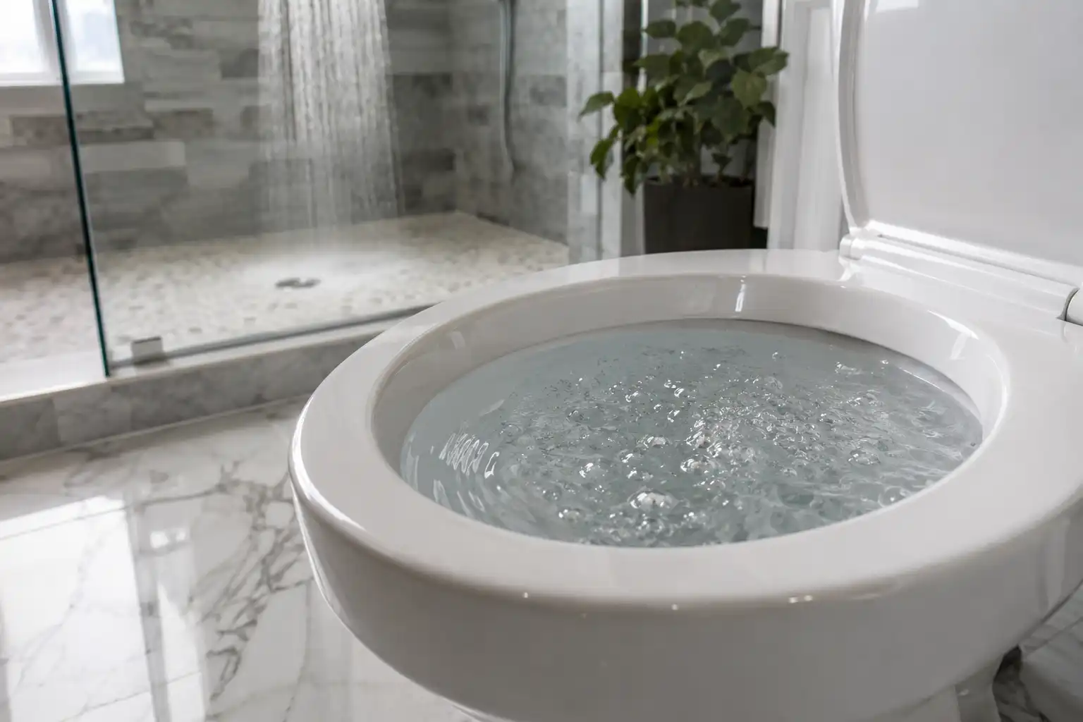 Air bubbles rising in a clean porcelain toilet bowl caused by drain line negative pressure.