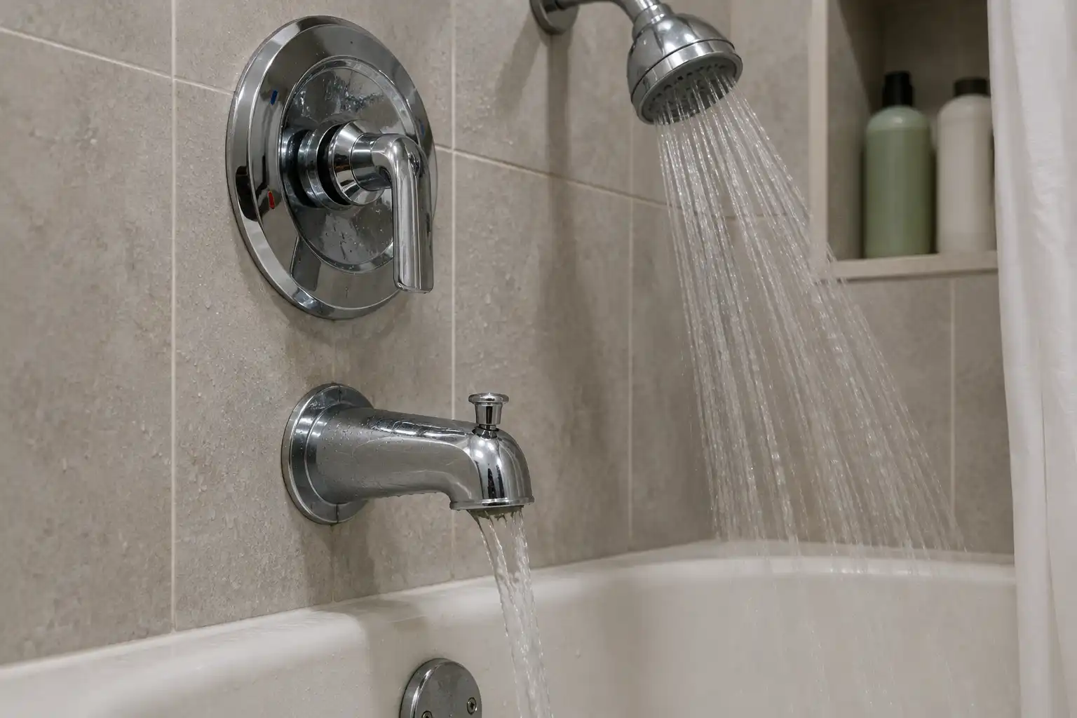 Water streaming out of a chrome tub spout even though the pull-up diverter knob is fully lifted.