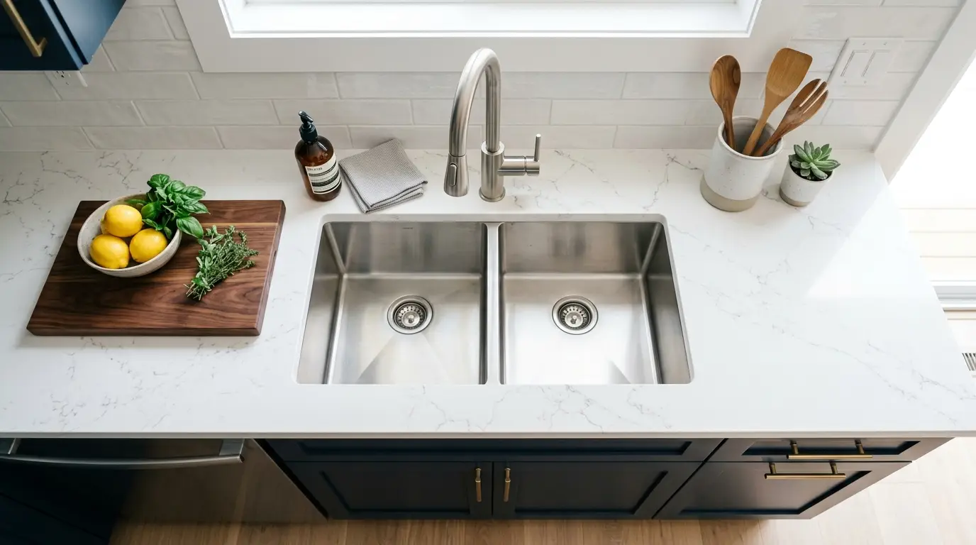 Modern stainless steel undermount kitchen sink seamlessly installed flush below a polished white quartz countertop.