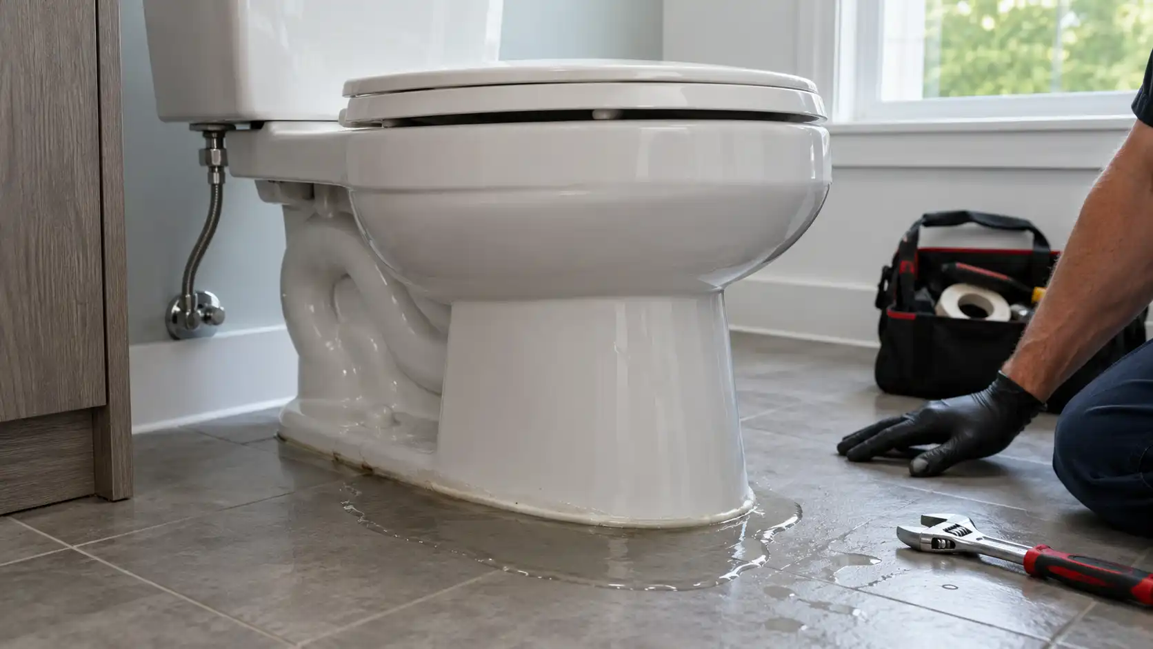 Water pooling on bathroom tile around the bottom porcelain base of a toilet after flushing.