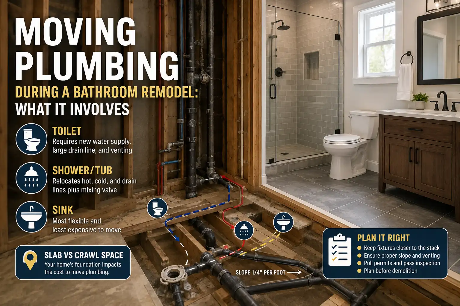 Rough-in bathroom plumbing showing new PVC drain pipes, vent stack, and PEX supply lines inside exposed stud walls.