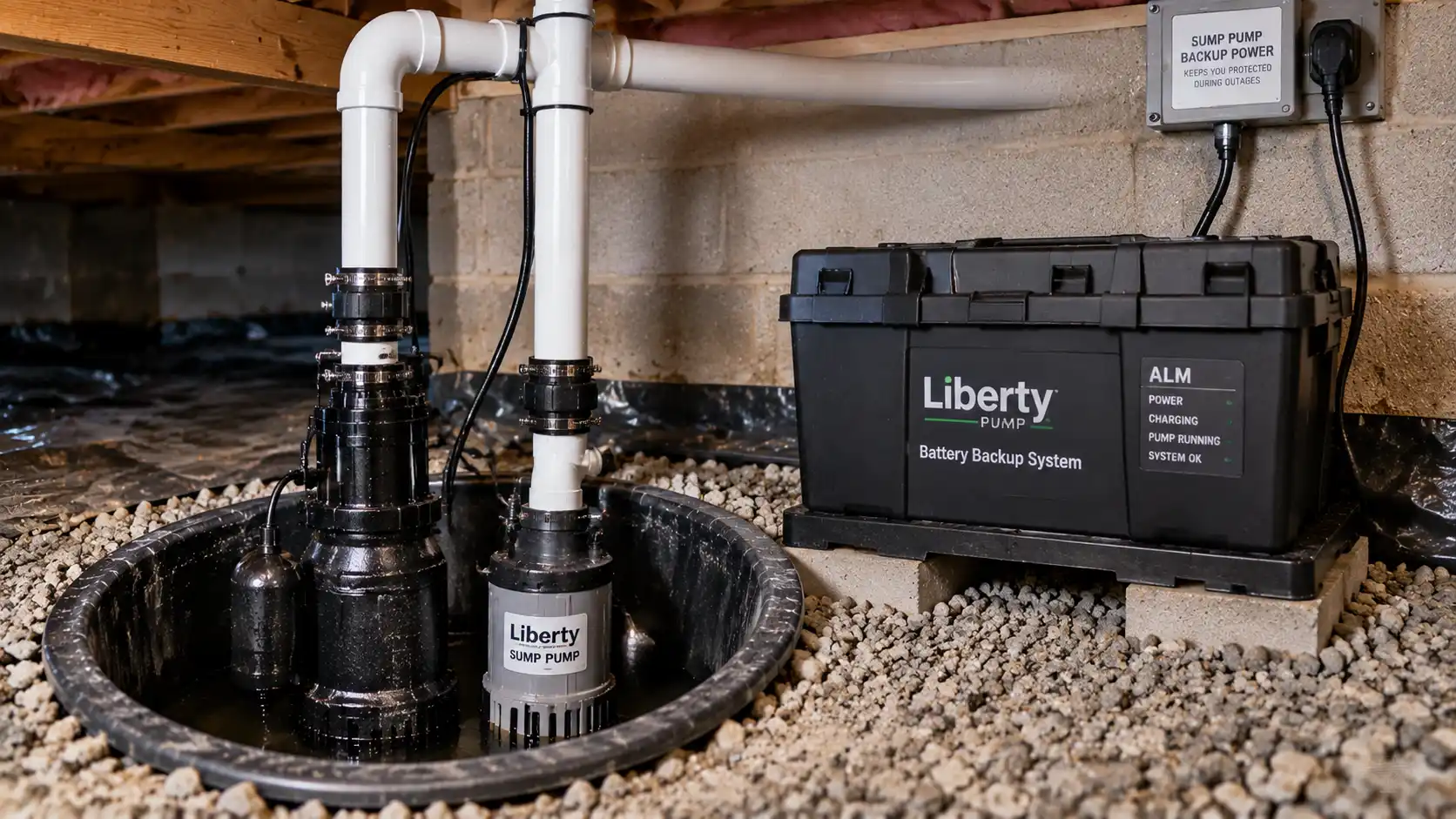Dual sump pump system showing a primary pump alongside a secondary 12V battery backup pump and battery box.