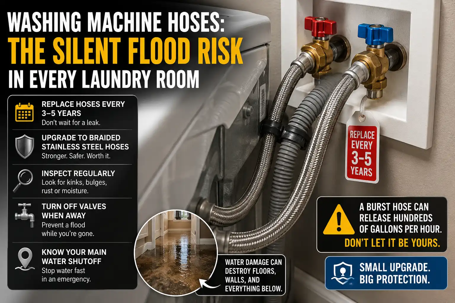Image Alt Text: Braided stainless steel washing machine hot and cold water supply hoses connected to laundry wall valves.
