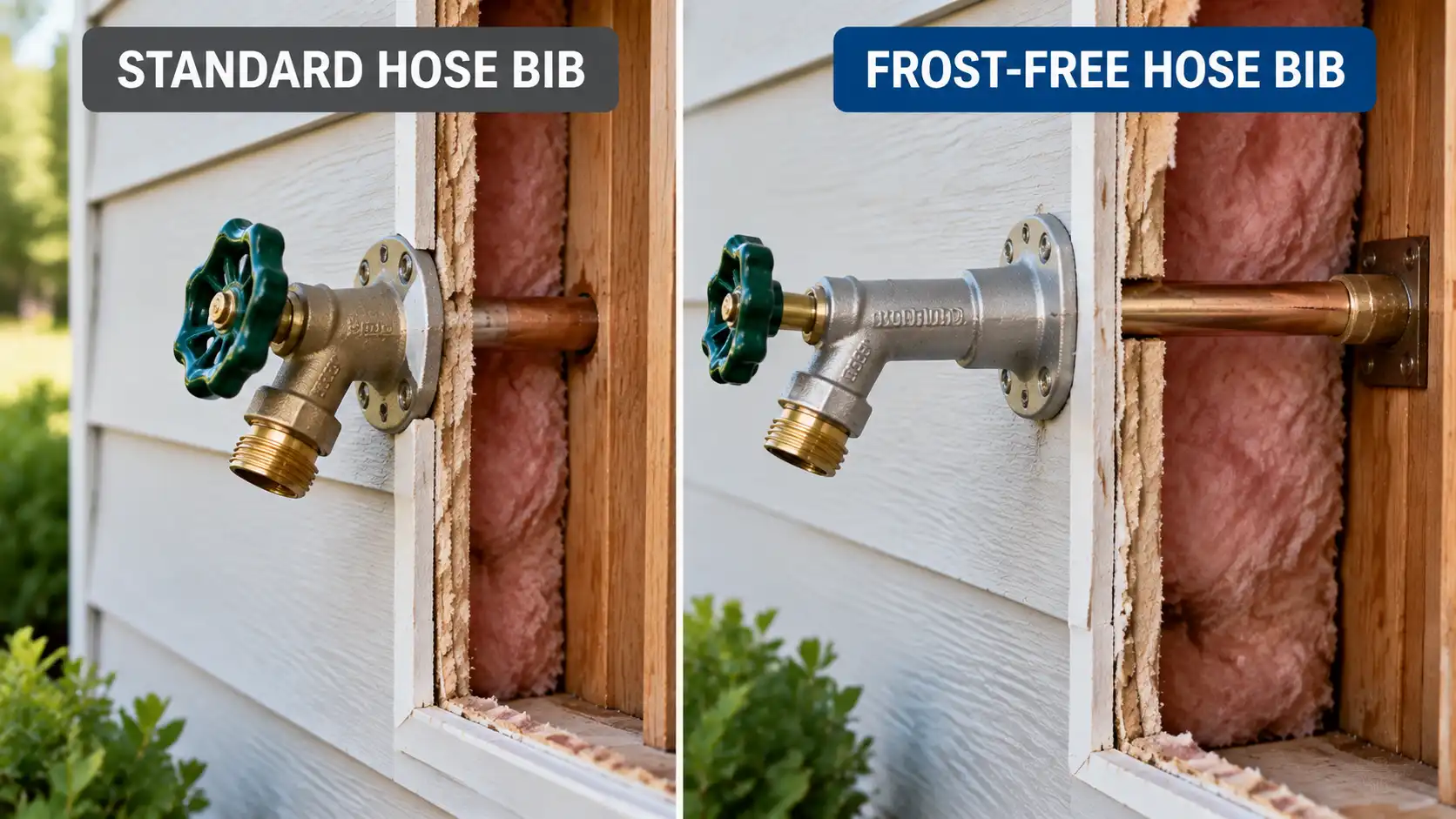 Heavy-duty brass frost-free outdoor hose bib with anti-siphon cap installed on an exterior red brick wall.