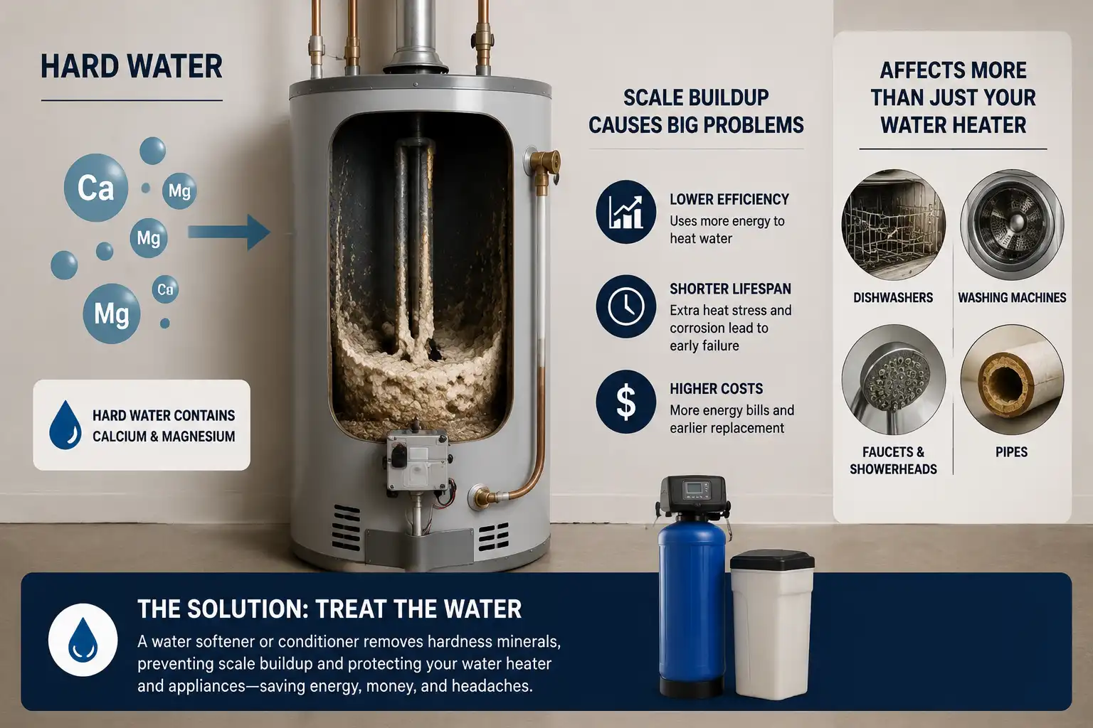 Severely corroded electric water heater heating element coated in thick white calcium sediment and mineral scale.