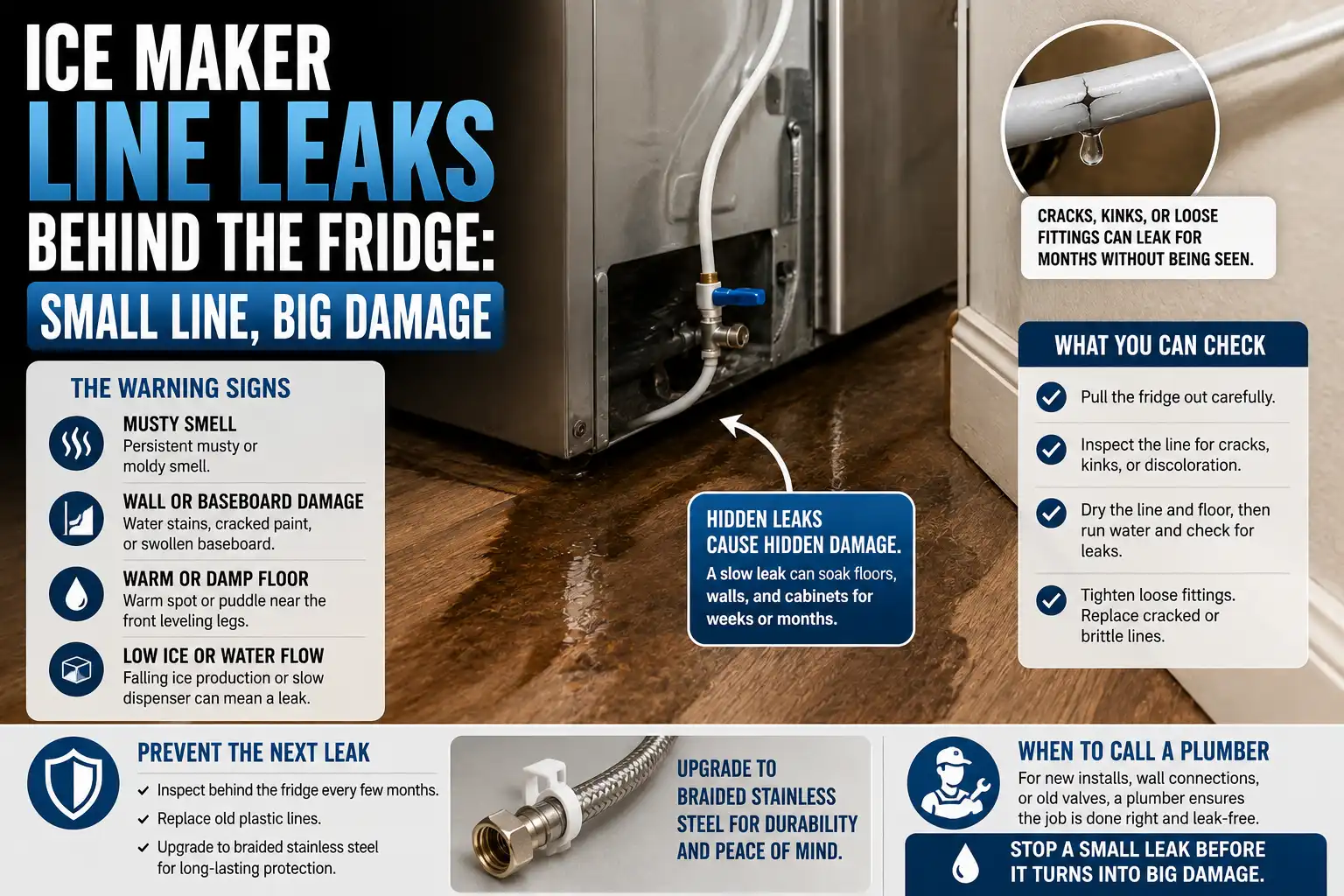 Plumber inspecting a small flexible water supply line and shutoff valve behind a pulled-out refrigerator.