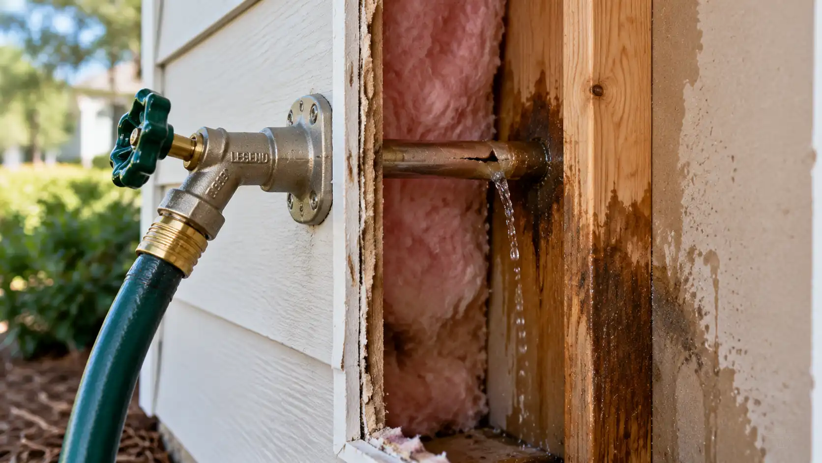 Cutaway demonstration showing an outdoor frost-free hose bib stem cracked inside an exterior wall cavity.