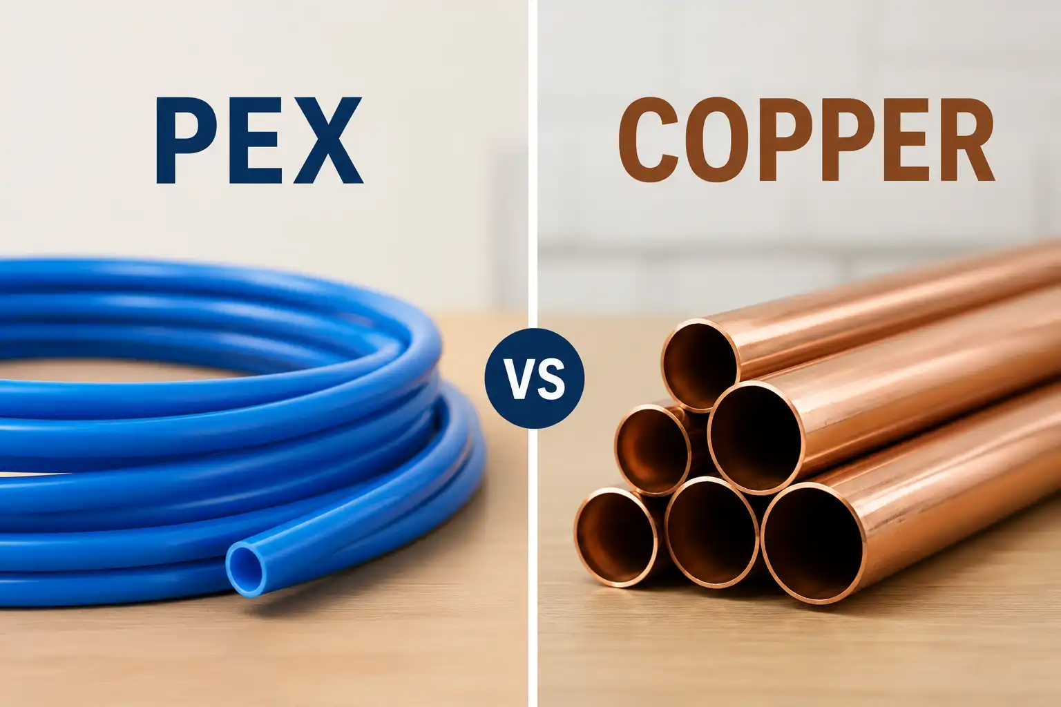 Side-by-side comparison of flexible blue and red PEX water lines next to rigid soldered copper pipes inside an open wall frame.