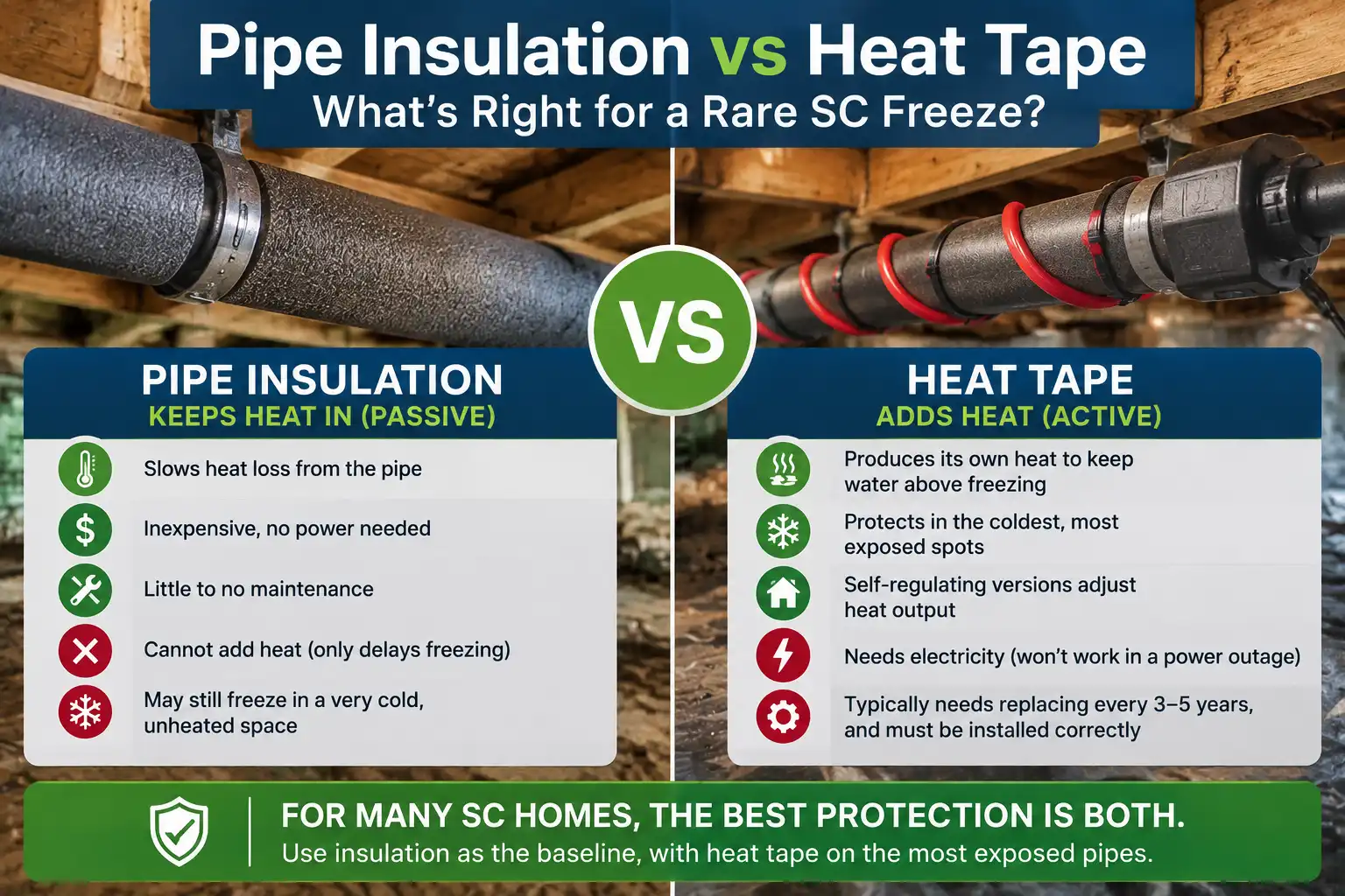 Infographic comparing passive foam pipe insulation and active electric heat tape for South Carolina freeze protection.