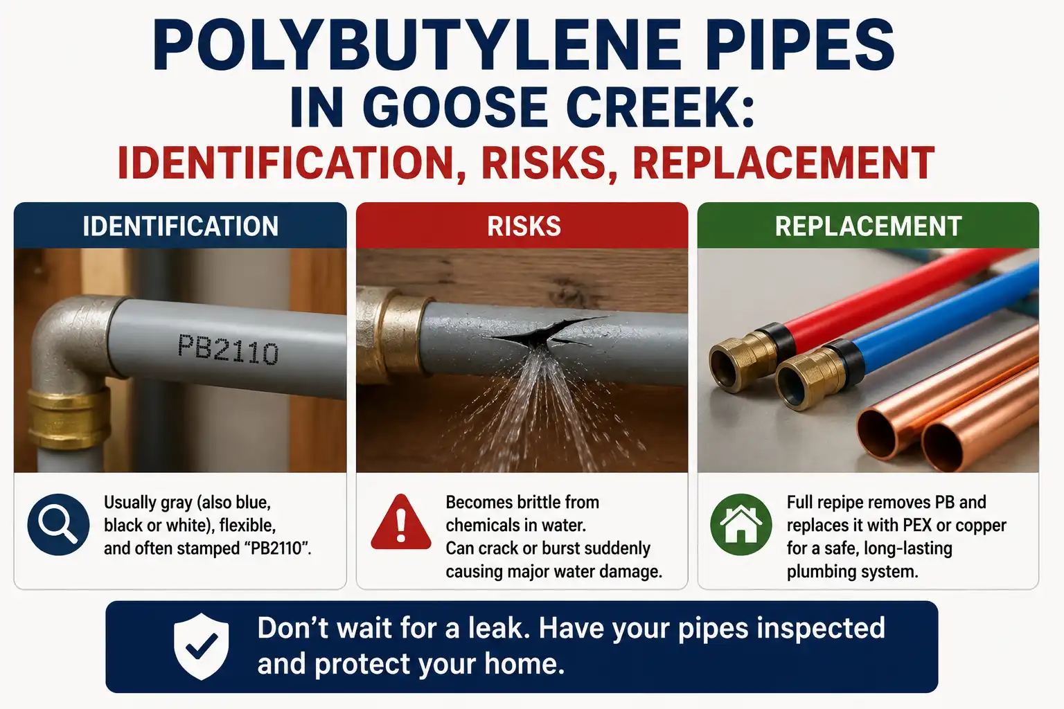 Close-up view of flexible gray polybutylene PB2110 plumbing pipes connected to a residential water heater.
