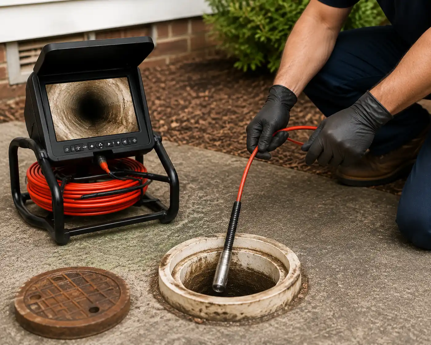 Plumber watching a color video monitor showing live footage inside an underground sewer lateral line