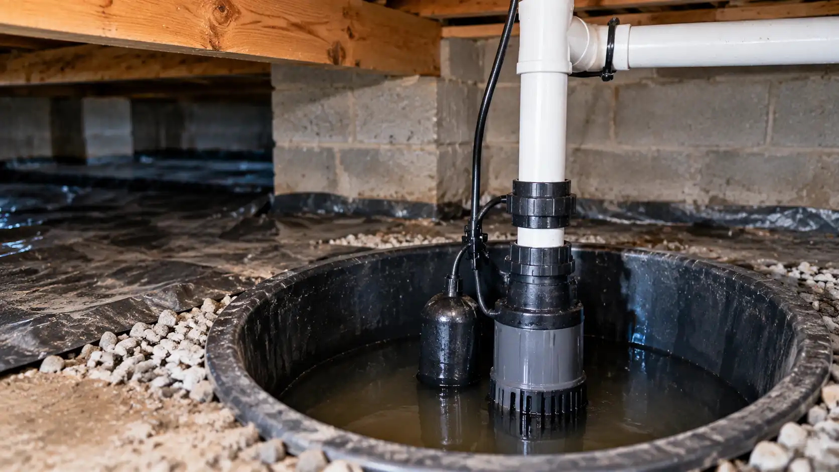 Close-up view of a sump pump float switch mechanism and rubber check valve on a PVC discharge pipe.
