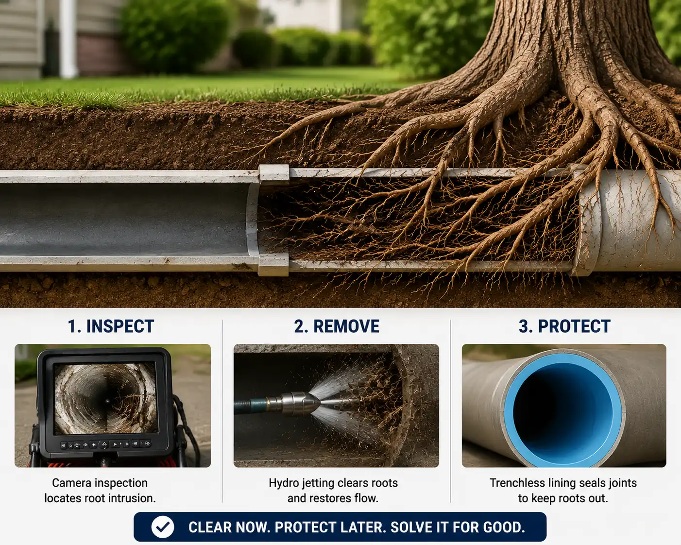 Heavy tree root intrusion inside an open clay sewer pipe being cleared with a high-pressure hydro jetter nozzle.