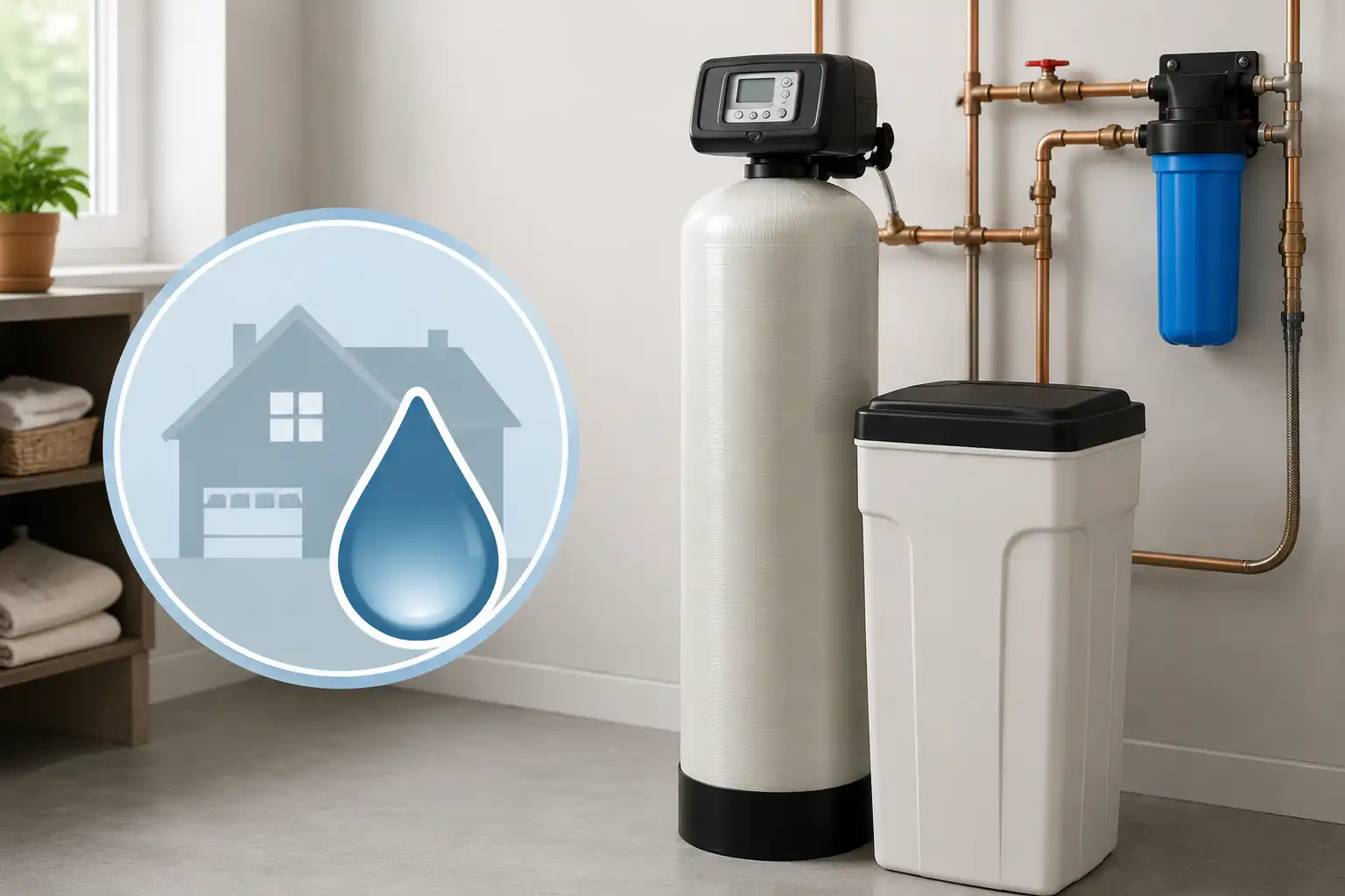 Plumber programming the digital control head and grain capacity settings on a new residential water softener.